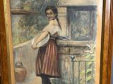 tableau représentant une femme appuyée contre la balustrade d'un balcon, tenant un panier de fleurs