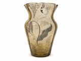 a glass vase with a design on it on a white background