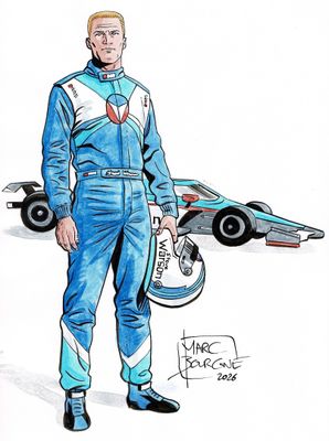 dessin représentant un homme en combinaison de course, debout à côté d'une voiture de course