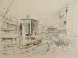dessin représentant une scène urbaine avec un bus et un immeuble