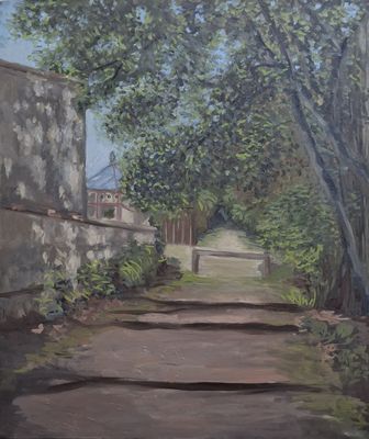 painting of a painting of a street with a stone wall and trees