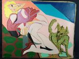 un tableau représentant une femme et un chat posés sur une table