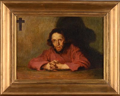 an oil painting of a man sitting at a table with his hands folded over his chest