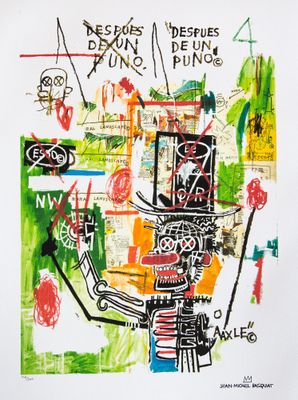 painting of a man with a robot on his head with words written on it
