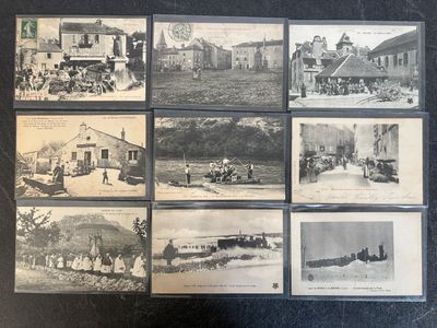 several old black and white photographs of people and vehicles in a town