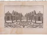 an old drawing of a garden with a fountain in the middle