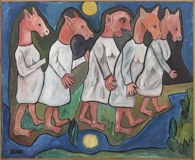 painting of five pigs in white robes standing in front of a full moon