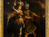 une peinture à l'huile représentant deux hommes en costume, tenant des épées