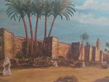 un tableau représentant un paysage désertique avec des palmiers au premier plan
