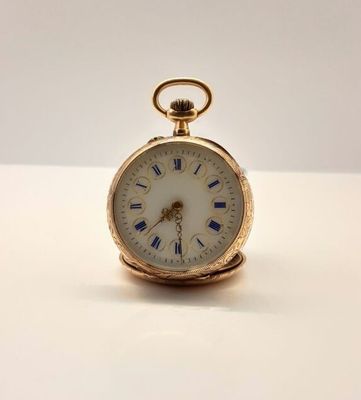une image d'une montre de poche en or avec des chiffres romains sur le cadran