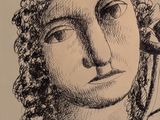 drawing of a woman ' s head with a bird on her shoulder