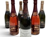 six bouteilles de vin sont alignées sur une surface blanche