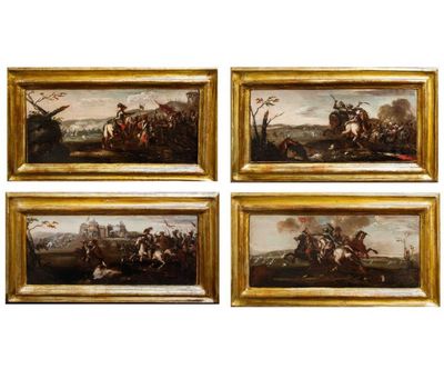quatre tableaux encadrés représentant des hommes à cheval dans un paysage