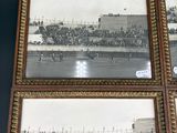 three framed photographs of a baseball game in a stadium