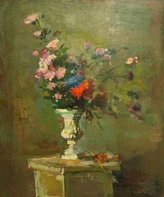 une peinture représentant un vase de fleurs sur une table