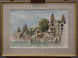 une image d'une peinture d'une ville au bord de l'eau