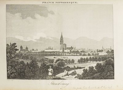dessin représentant une vue d'une ville avec une église et une rivière