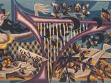 painting of a woman playing a harp on a blue background