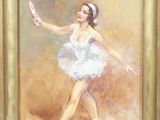 an oil painting of a woman in a white dress holding a tennis racquet
