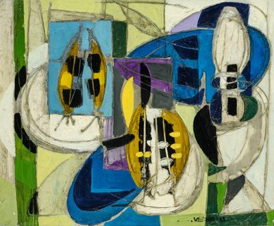 a painting of a blue and yellow boat on a green and white background