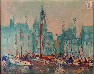 une peinture de bateaux dans un port avec des bâtiments à l'arrière-plan