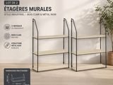 2 étagères murales en bois naturel avec éclairage noir – ensembles de mobilier de chambre à coucher noirs