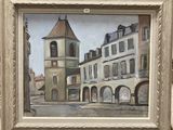 un tableau représentant une tour horloge au cœur d'une ville