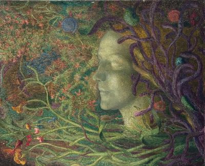 un tableau représentant le visage d'une femme entouré de plantes