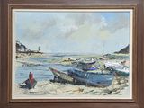 une peinture de bateaux sur la plage au bord de l'eau