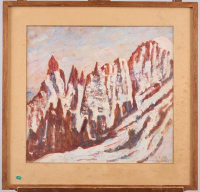 une peinture à l'huile représentant une chaîne de montagnes avec de la neige au sol