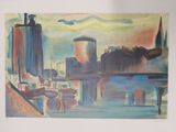 a picture of a painting of a city by the water