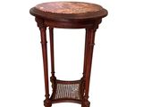 an image of a round table with a wooden top and wicker shelf