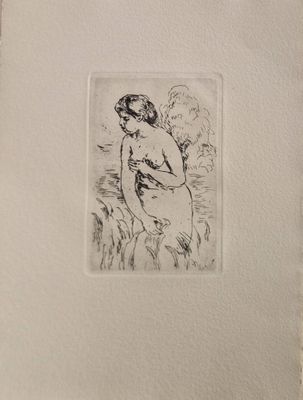 dessin représentant une femme assise dans un champ d'herbe, avec la pleine lune en arrière-plan