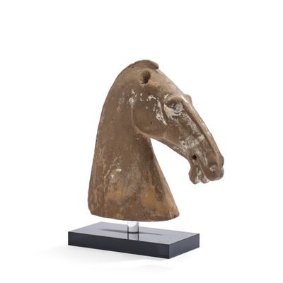 sculpture représentant une tête de cheval posée sur un socle, sur fond blanc