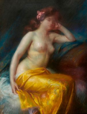 une peinture à l'huile représentant une femme assise sur un canapé, la main posée sur la tête