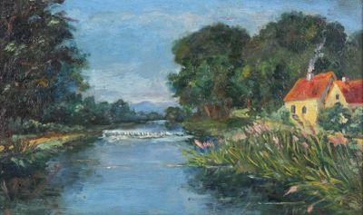 Ecole française. Maison au bord de la rivière, huile sur pan…