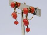 a pair of earrings with red beads hanging from them