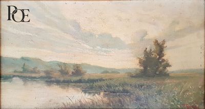 une peinture à l'huile représentant un paysage avec une rivière au premier plan et des arbres à l'arrière-plan