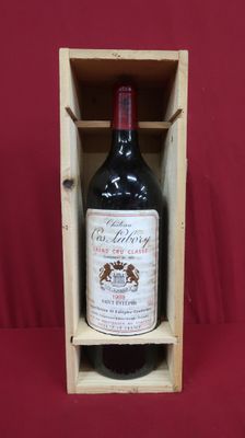 une bouteille de vin rouge dans un coffret en bois sur fond rouge