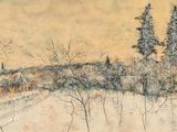 une image représentant un tableau représentant un paysage enneigé avec des arbres