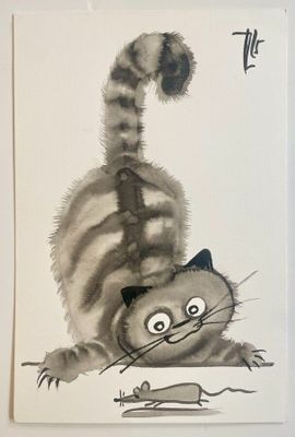 a painting of a cat that is hanging on a wall
