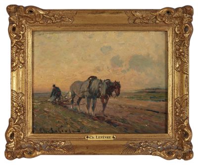 une peinture à l'huile représentant un homme labourant un champ avec deux chevaux