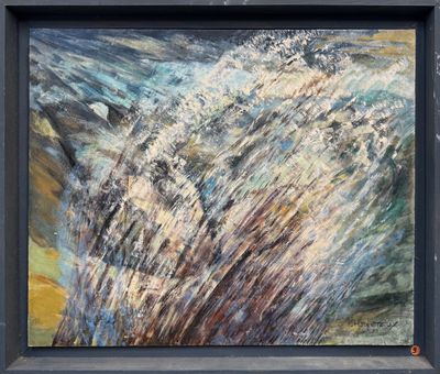 une peinture à l'huile représentant une vague qui s'écrase sur la plage