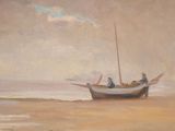 a painting of a boat on the beach with people in it