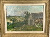 an oil painting of a farm scene with sheep grazing in the field