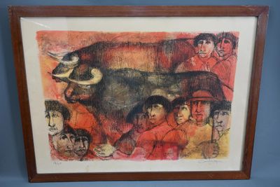 une image représentant un tableau où figure un taureau entouré d'un groupe d'enfants