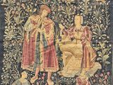 une image représentant une tapisserie avec des personnes dans un jardin