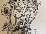 sketch of a drawing of a woman and a cat with a bird on her head
