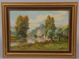 une peinture à l'huile représentant une maison au bord d'une rivière, avec un pont