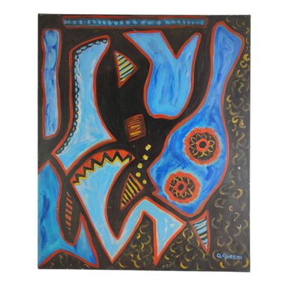 a painting of a bird and a fish on a black background